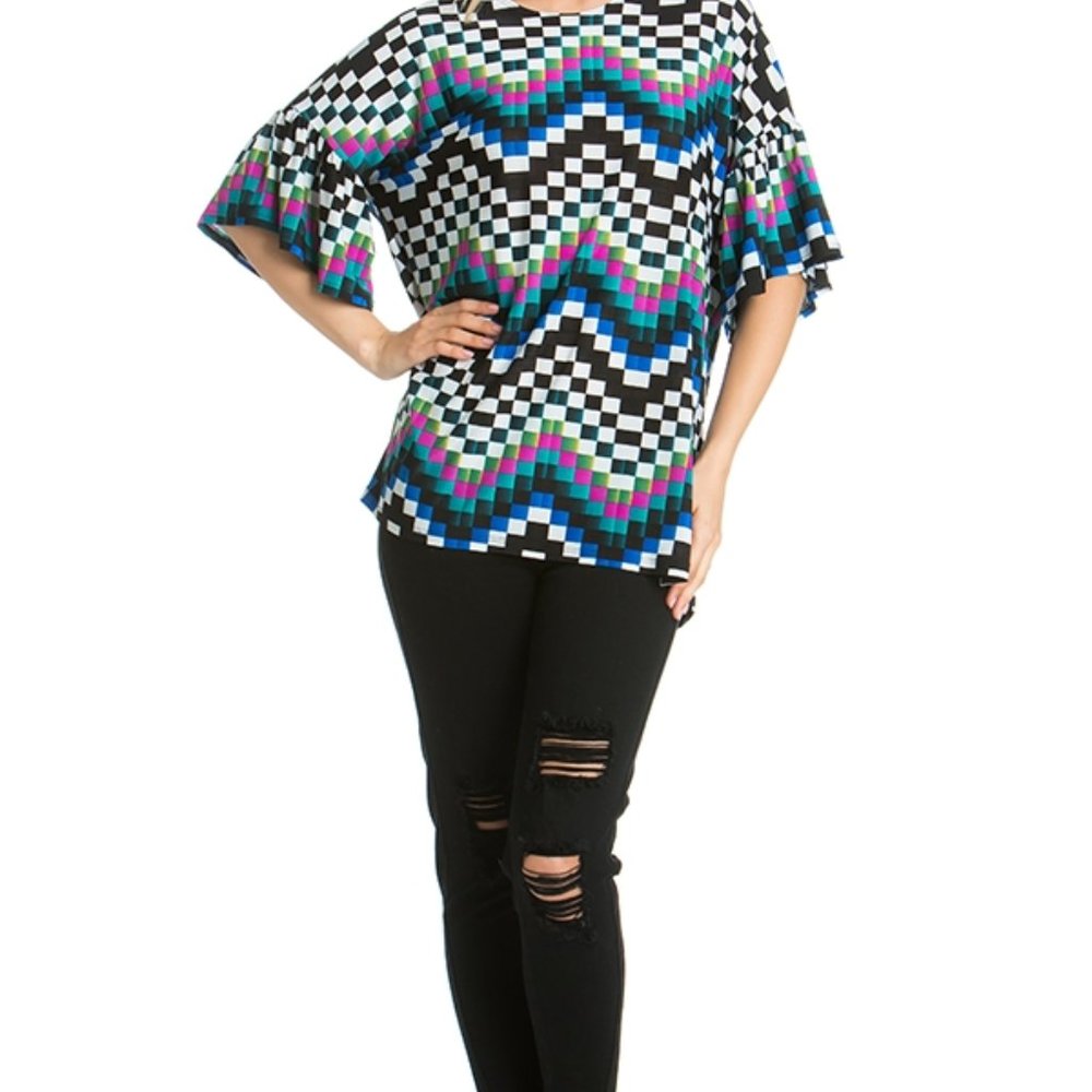 Azules Chevron Print GREEN-Multi-Scoop Neck Medium Ruffle Sleeve Top